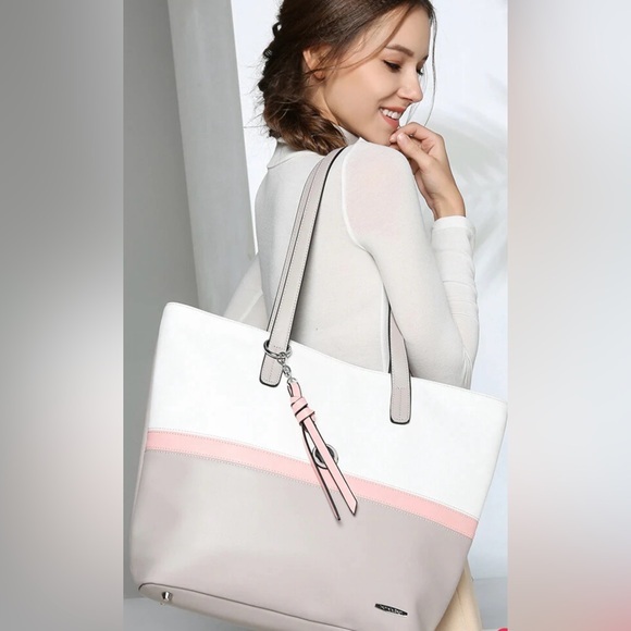 Brand New Pomelo's Best Faux Leather Tote - P9ink/White/Gray with Zippered Top - Picture 1 of 8